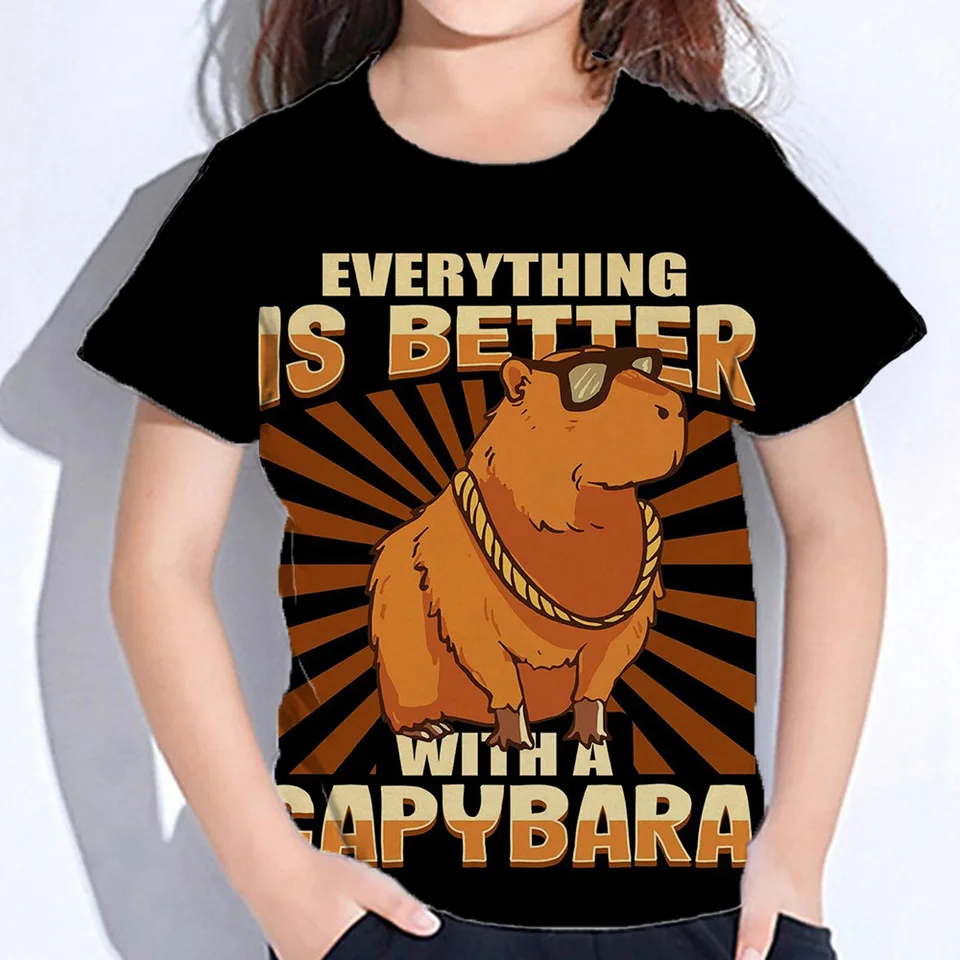 Dievčatá módne oblečenie Capybara čierne tričko pre 13 až 14 rokov deti nosí chlapcov kreslené listy Tops Tops letné roztomilé tričko