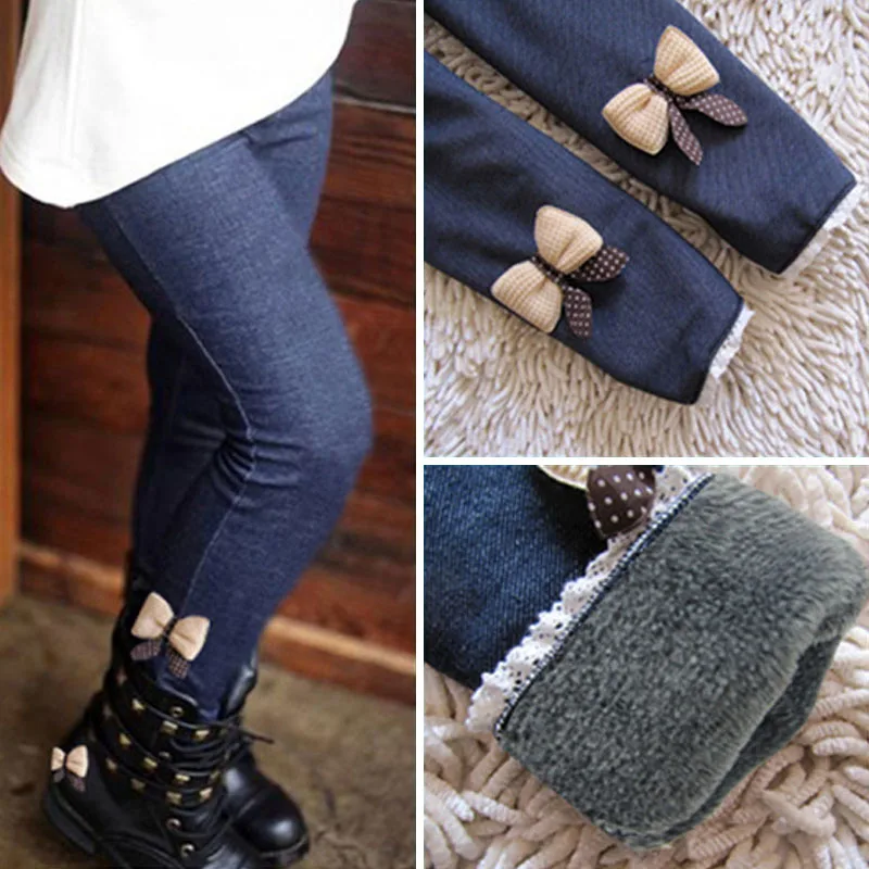 Dievčatá nohavice Hrubé teplé zimné jarné jar Jean Bow Bottom Leggings Detské nohavice Detské nohavice
