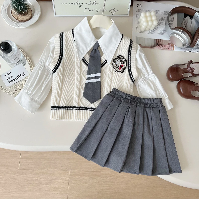 Dievčatá nové preppy obleky Jesk Dievčatá JK Stylish Sweater Vesta + pevná farebná košeľa + skladaná sukňa trojdielne set 2-7 rokov