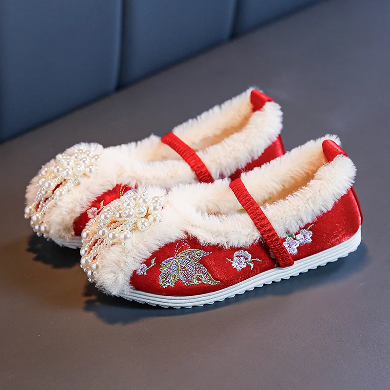 Dievčatá perlové korálky bavlnené topánky Tassel Warm Flouch Flat Tlážni v ročníku Čínska tradičná výšivka Hanfu Flats espadrilles