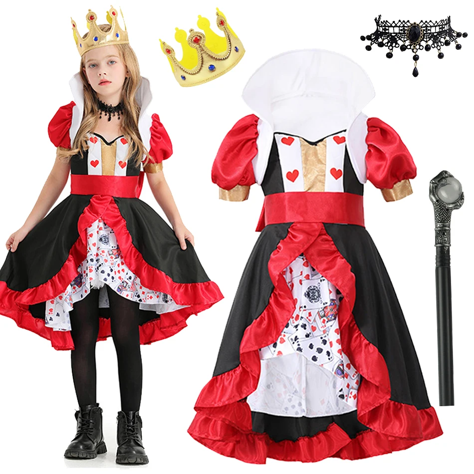 Dievčatá poker kráľovná cosplay halloween karnevalová párty fantasy šaty deti Alice Queen of Hearts javis