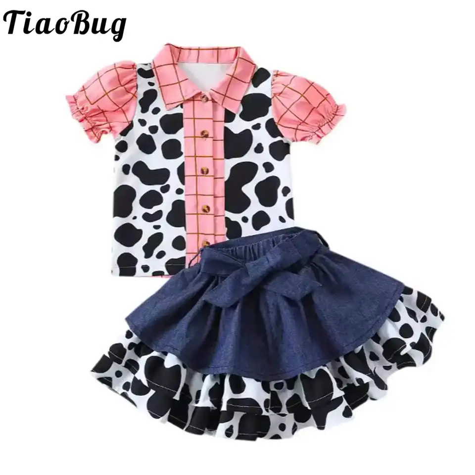 Dievčatá pre batoľatá Western Cowgirl Outfits Puff Ruckve Cow Tlač kotlene Top s luku džínsovou sukňou pre Halloween Cowboy Cosplay