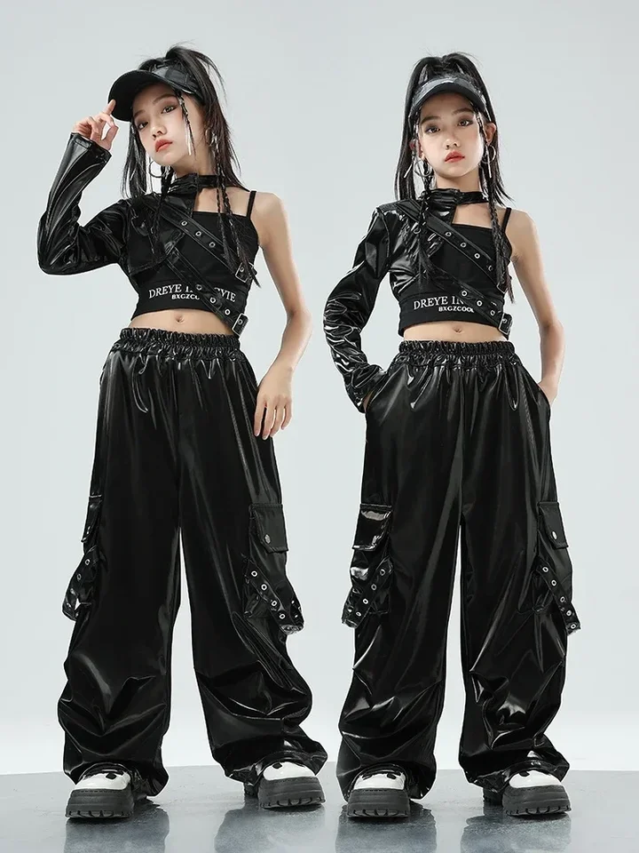 Dievčatá pre deti jazzový výkon kostým čierne kožené rukávy Tops nohavice Kpop koncertné oblečenie moderné hip hopové tanečné oblečenie