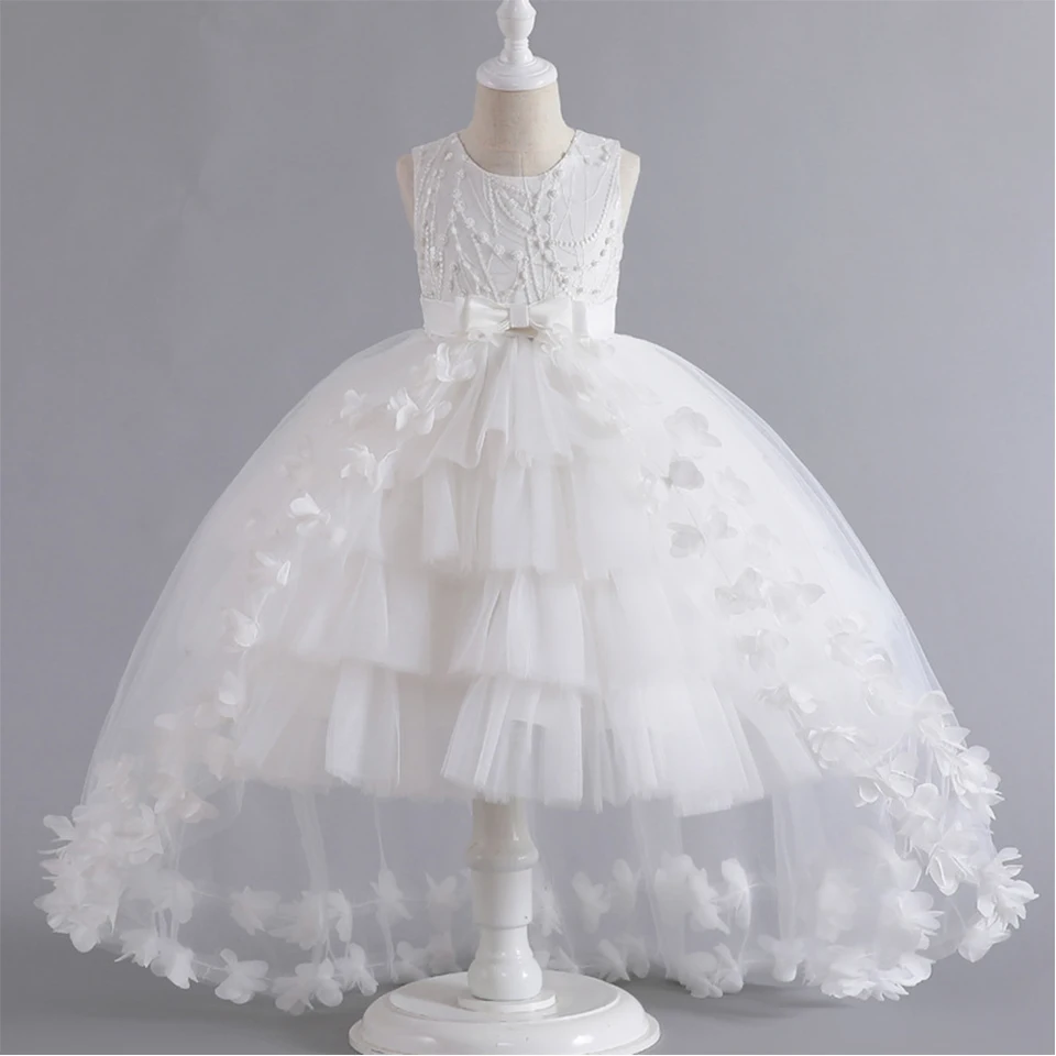 Dievčatá princezná družička Šaty dlhé chvosty bez rukávov Elegantné šaty batoľa deti svadobné večere Vestidos loptičky