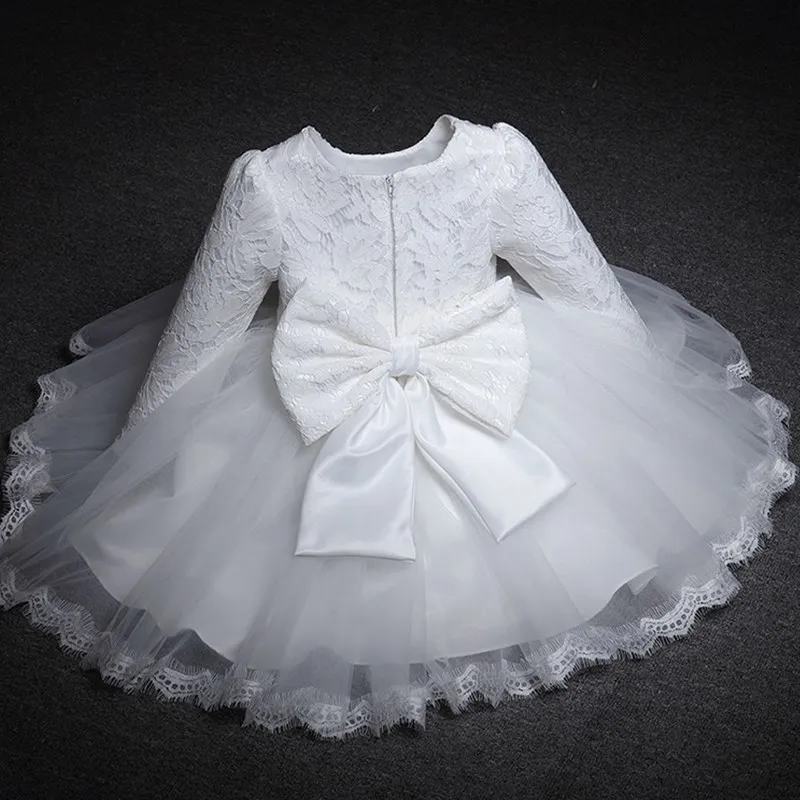 Dievčatá princezná šaty dlhý rukáv 1. rok narodeniny Vestido White Lace Kojem Krstenie párty novorodenecké krstné oblečenie
