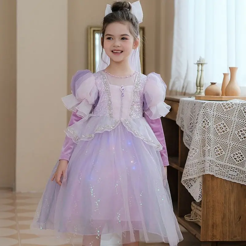 Dievčatá princezná šaty princezná sa obliekajú s dlhým rukávom, kráľovná kostým s tylom šál pre malé dievčatká Cosplay narodeniny