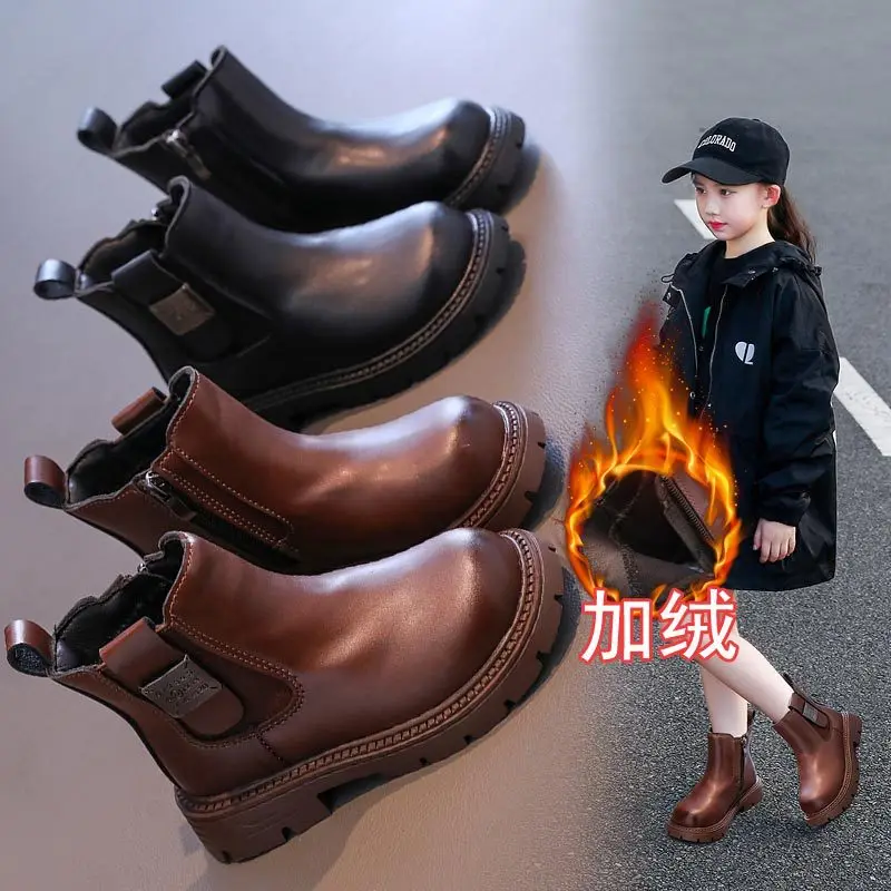 Dievčatá Pu kožené topánky Chelsea Spring Winter Winter Nové bavlnené topánky princezná deti okrúhle prsta Pohodlná rúrka Bota čierna platforma topánky