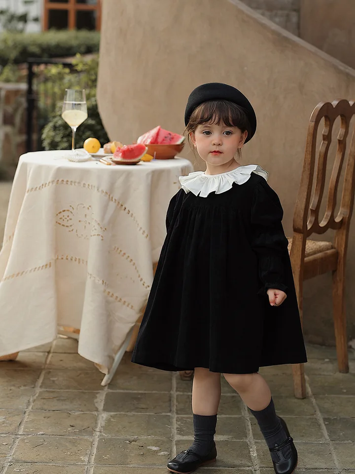 Dievčatá retro corduroy sukňa sukňa čipky goliera bublina rukávy jednodielne šaty detské detské jesenné šaty módne princezné šaty