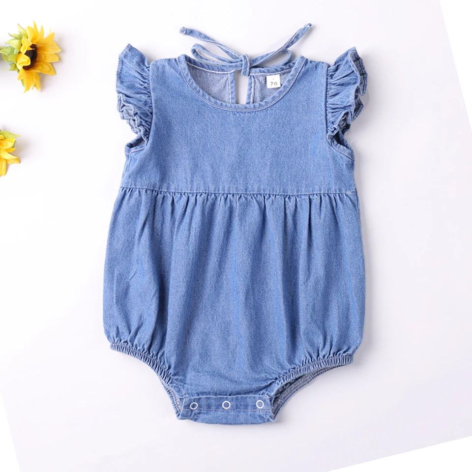Dievčatá Rompers Battle Ruffles Romper Cotton Denim Denim Fly Bez rukávov letný telesný slnečný slnečník