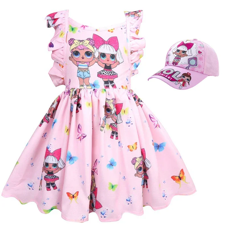Dievčatá sa obliekajú batoľa batoľa LOL Dolls oblečenie detská karikatúra tlač princezná šaty deti letné narodeniny Vestido pre dievčenské klobúky