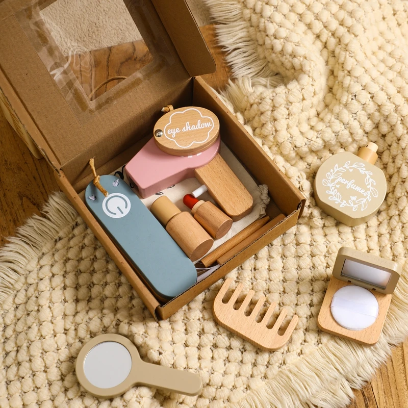 Dievčatá simulácia Drevená kozmetická predstieranie hry make -up hračky set set dom