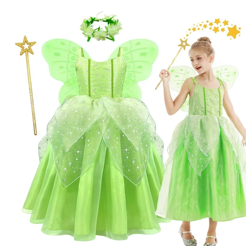 Dievčatá Tinker Bell Princezná šaty deti Kvetiny rozprávkové šaty s krídlami Halloween Elf Kostým narodeninová oslava Tinkerbell oblečenie