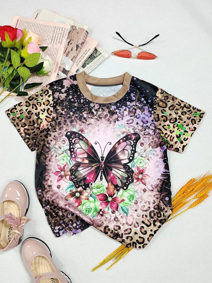 Dievčatá tričko Leopard Print Style Print Butterfly tlač letné oblečenie s krátkym rukávom 6-15 rokov staré vrcholy streetwear