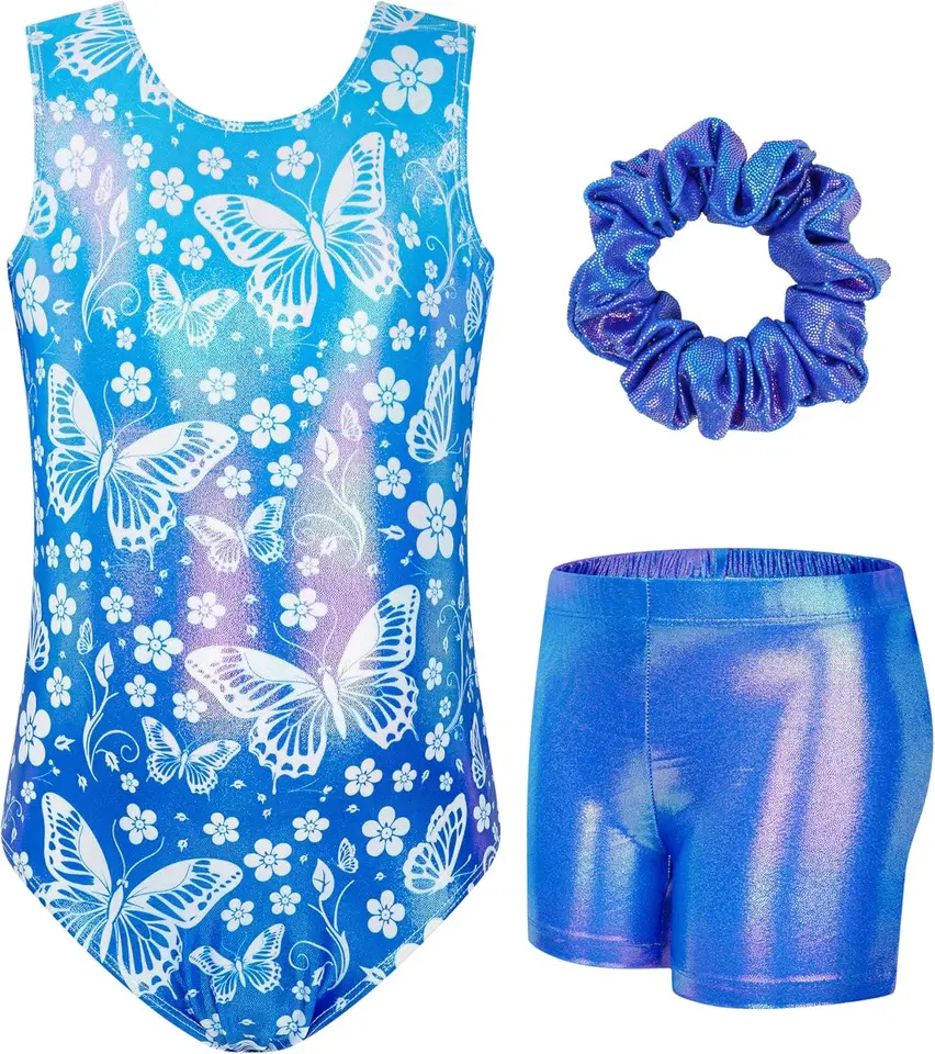 Dievčatá trojdielna gymnastika Sada bez rukávov bez rukávov s kraťasom Hairband šumivý balet tancujúci Unitards Gymnastics Outfit