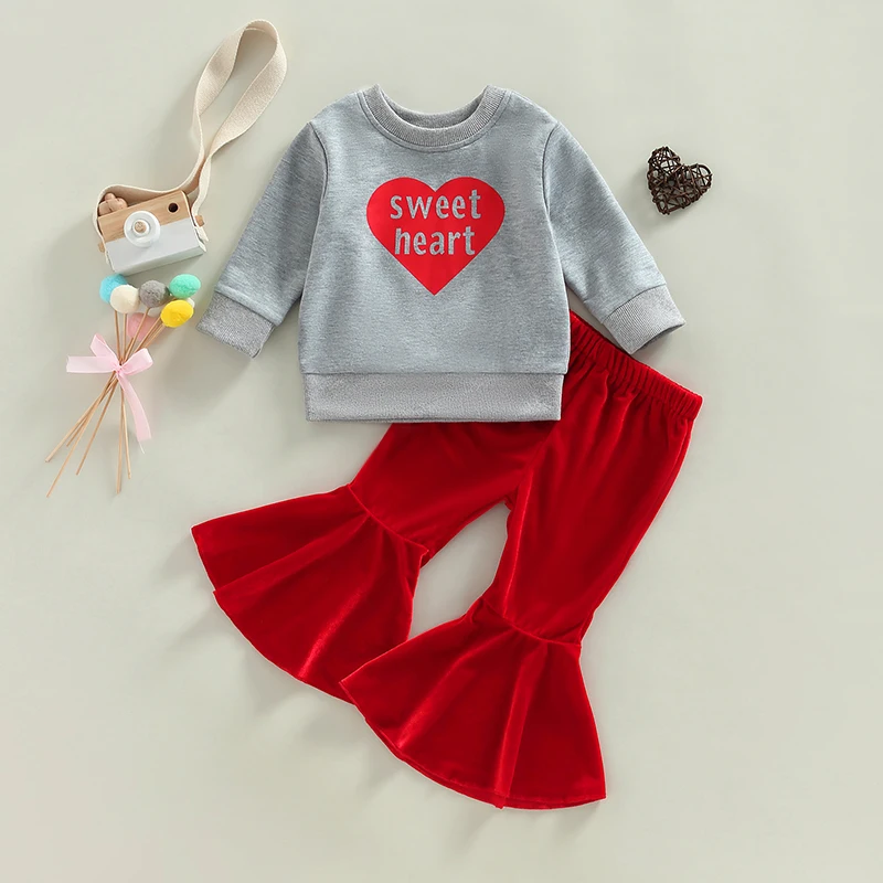 Dievčatá Valentínsky deň outfit Srdce Print Mikina s dlhými rukávmi a okrúhlym krkom spárované so zamatovými nohavicami v pevných nohaviciach