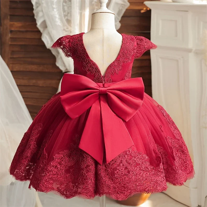 Dievčatá večierky Šaty bez spätného čipky Elegantné čipky narodeniny Vestidos Bow Svadba batoľa deti princezná vianočné šaty na 1-5 rokov