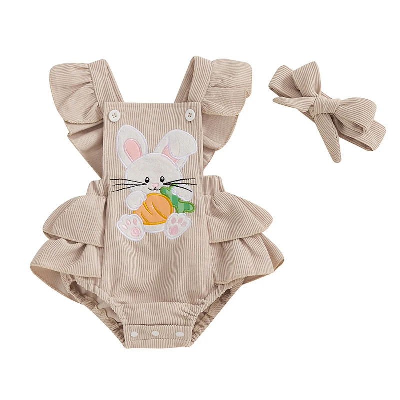 Dievčatá Veľkonočná Veľkonočná celková bunny Bunny Vyšívaná flutkovaná rukávová vrstvená vrstvená hem kombinéza čelenky rozkošný outfits