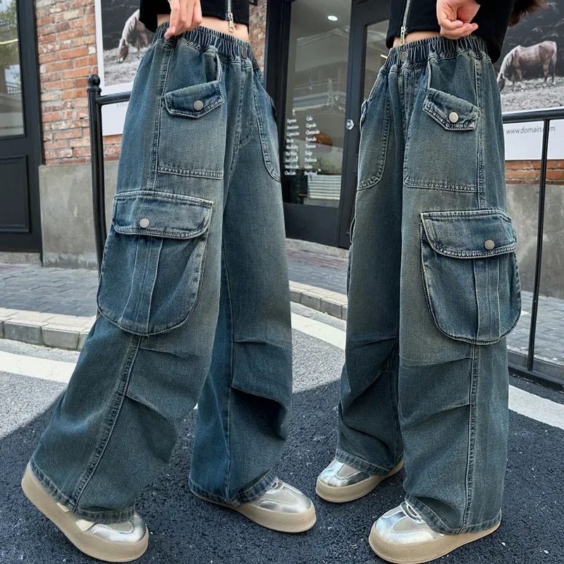 Dievčatá viac vreckovky modré džínsy pre deti nákladný retro streetwear široké nohavice nohavice detská móda vysoký pás náhodné nohavice