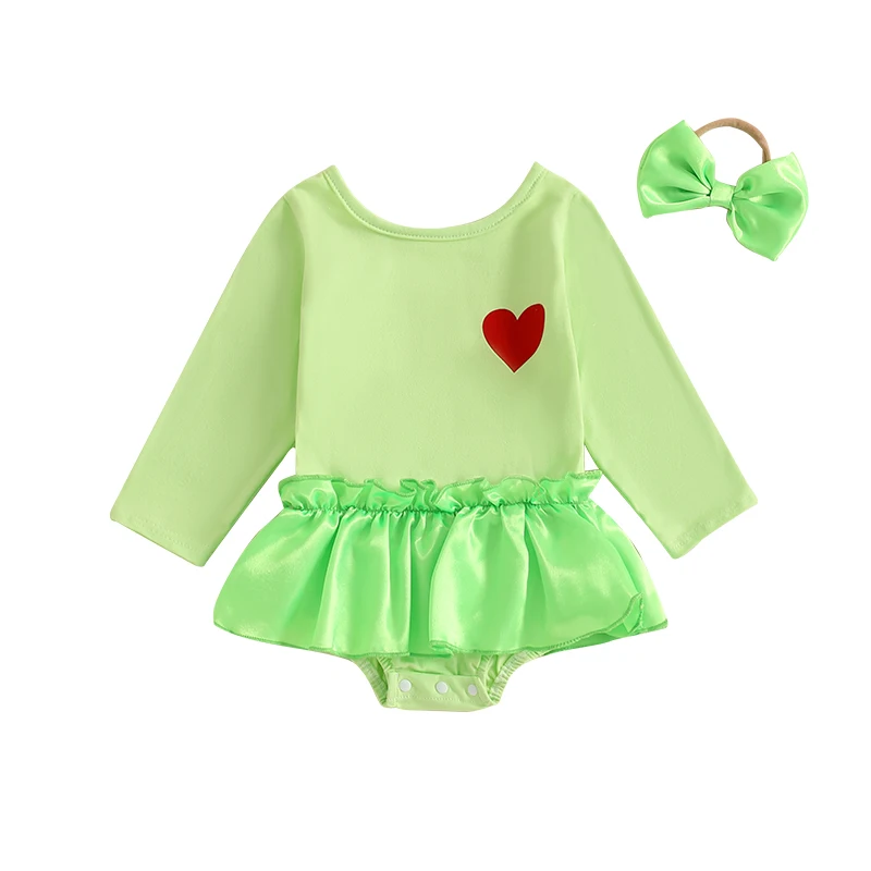 Dievčatá vianočné oblečenie Green Monster Heart Print Tlač s dlhým rukávom Krčné šaty s čelenkou s čelenkou
