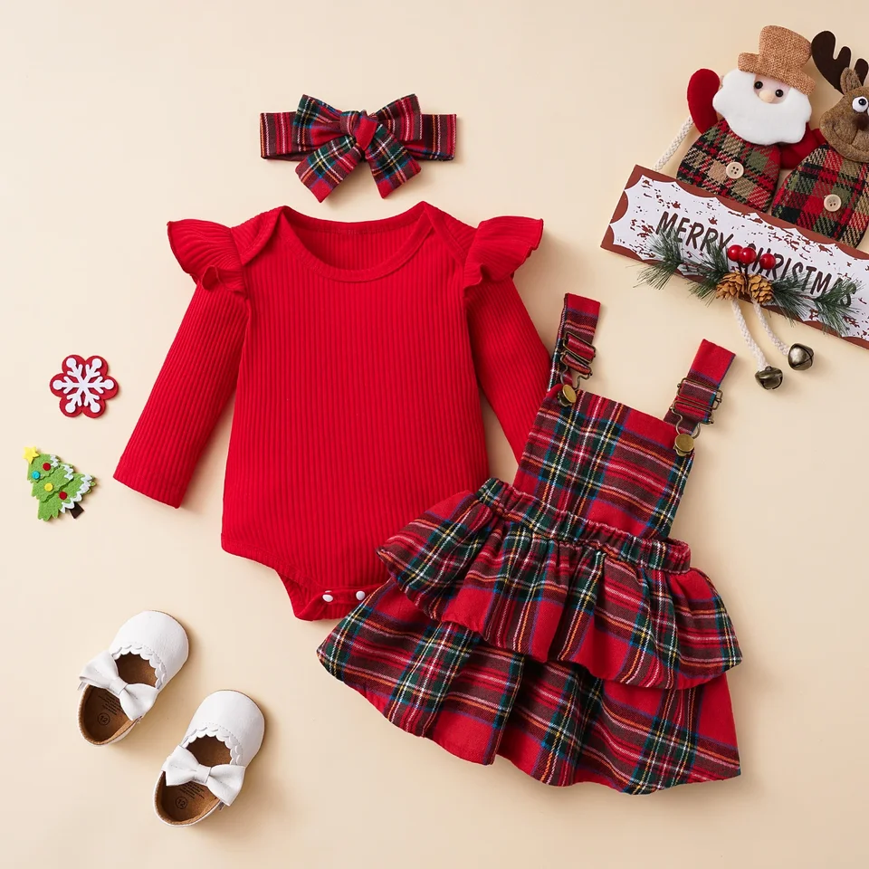 Dievčatá vianočné rebrované voláre s dlhým rukávom BodySuits+Plaid vrstvené šaty vianočné oblečenie Novonarodené oblečenie