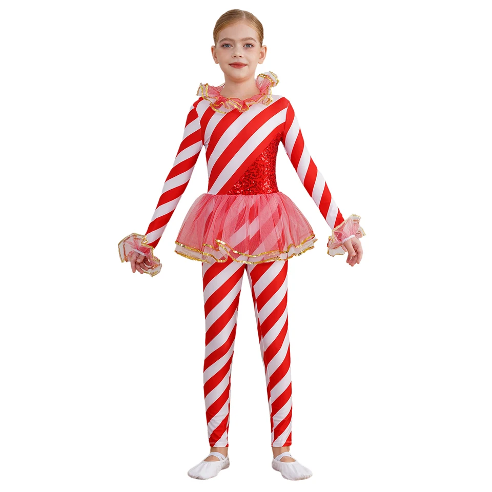 Dievčatá vianočné s dlhým rukávom Candy Cande Cande Sucksuit Vianoce Halloween Party Cirkus Cosplay kostým balet tanec Dance Gymnastika trikot Tutu