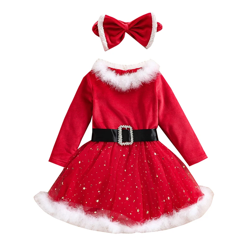 Dievčatá vianočné šaty Santa Claus Fluffy Red Red s dlhým rukávom Kids Deti Santa Cosplay vianočné kostýmy Prázdninové večere
