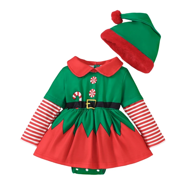 Dievčatá škriatkovia kostýmy oblečenie Klenu dojčatá s dlhým rukávom Doll Doll Romper Dress s klobúkom 2 PCS Vianočné súprava