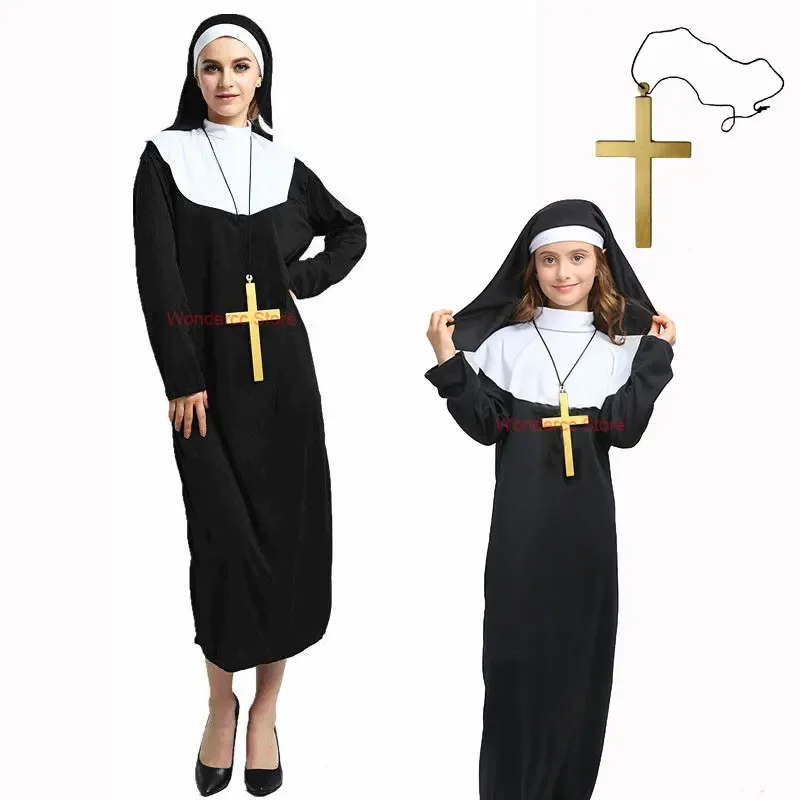 Dievčatá Ženy Nun kostým slušné stredoveké rúcho s náhrdelníkom Headkerchief Deti pre dospelých Halloween kostým Cosplay