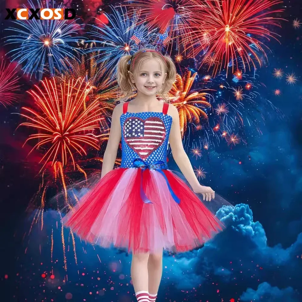 Dievčenská sukňa broskyňové srdce lepkavé flitrové šaty bez rukávov American Independence Day