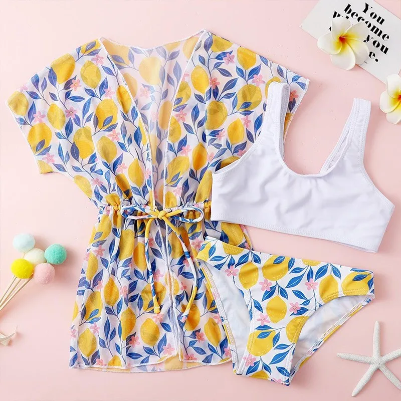 Dievčenské bikiny súpravy 3 kusové tropické tlačové plavky Summer pláže plavky bikiny plavky plavky s zakrytím kimono