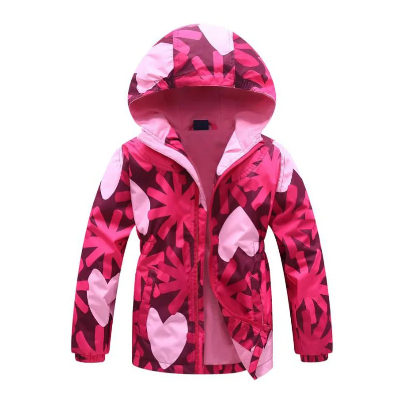 Dievčenské fleece termálne bundy zips na teplú kapucňu Windbreaker s kreslenými srdiečkami výtlačok pre vonku