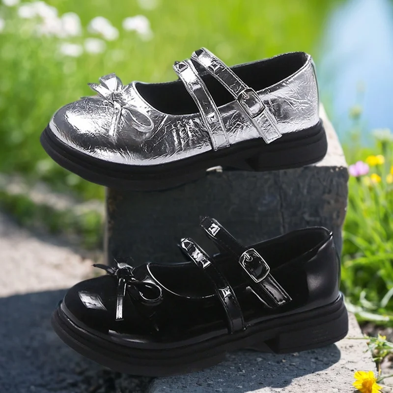 Dievčenské kožené horné topánky Non slouch Detské strieborné topánky módne luk, detské ležérne mäkké sludné topánky