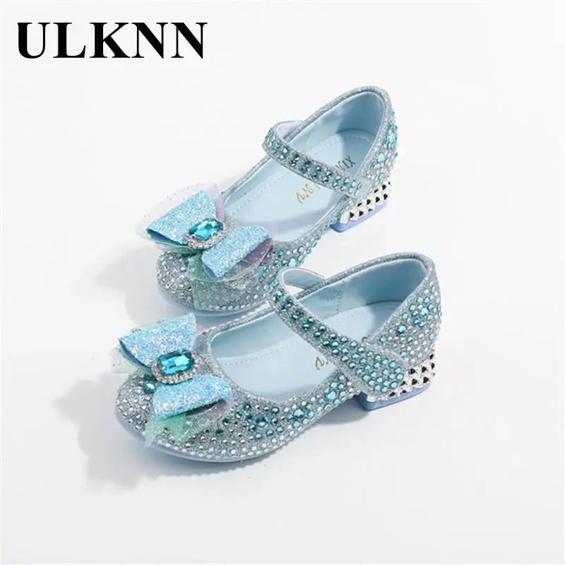 Dievčenské vysoké podpätky Detské žiariace kamienky Blue Princess Shoes Fall Nové mäkké topánky Deti jedno krištáľové kožené topánky