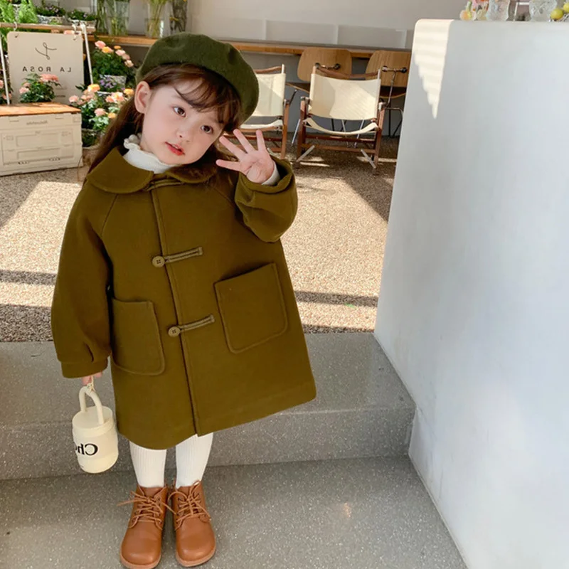 Dievčenský vlnený kabát deti jednostranná bavlnená bunda Kids Zima zahustené vrchné odevy nové dieťa Petra Pan Collar