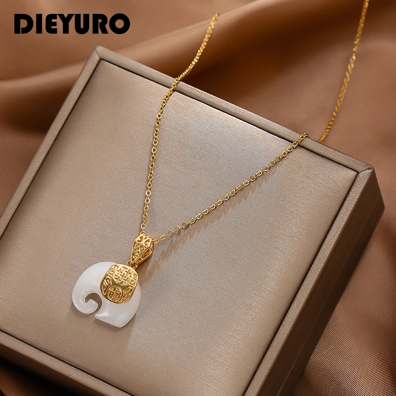 Dieyuro 316L z nehrdzavejúcej ocele Jade Elephant Vysoko kvalitný prívesok Náhrdelník Žena módne elegantné šperky Darček pre mamu