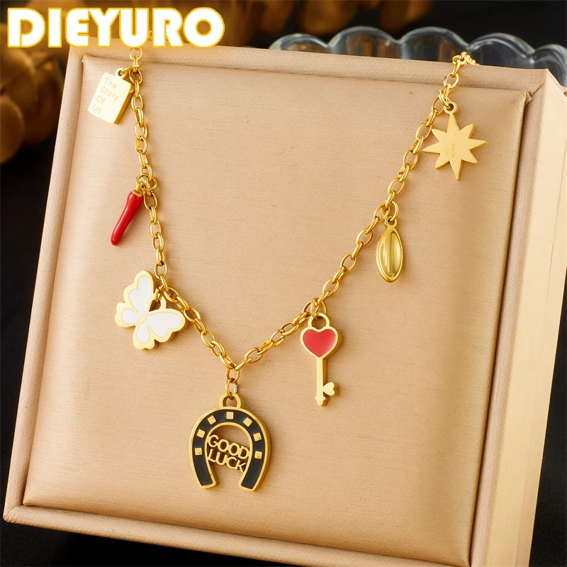 Dieyuro 316L z nehrdzavejúcej ocele Kvapkajúci olej Love Key Key Motýfly Octagonálny hviezdny náhrdelník Nový trend Veľa šťastia klenoty darček pre šperky