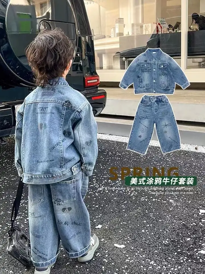 Dieťa Denim Denim Denim Coat Spring Jar Autumn Fashion Girls Dievčatá Jean Príležitostný list modrá bunda+nohavice 2ks set Streetwear