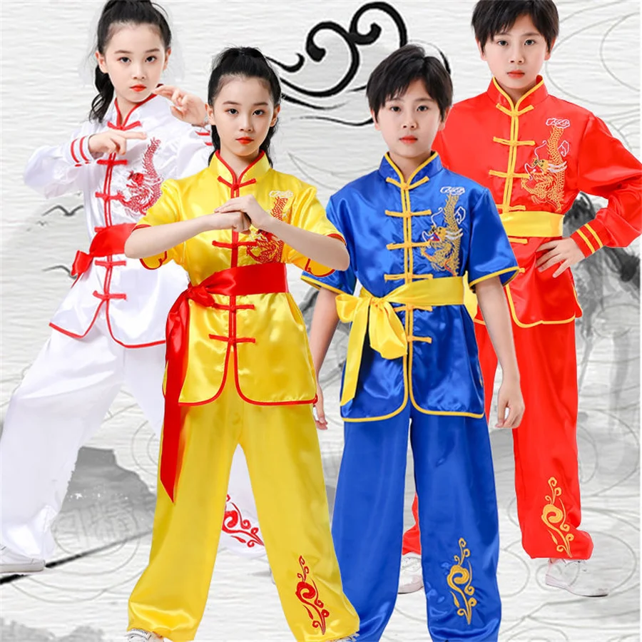Dieťa čínske tradičné kostýmy Wushu Kostým Chlapci Dievčatá Kungfu Suit Tai Chi bojové uniformy