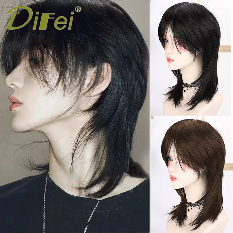 Difei syntetické cosplay parochňa parmice na parochňu Parochňa Parochňa prírodné čierne červené zlato Vysoko kvalitná parochňa pre chlapca krátky krátky priamy vlk chvost falošný