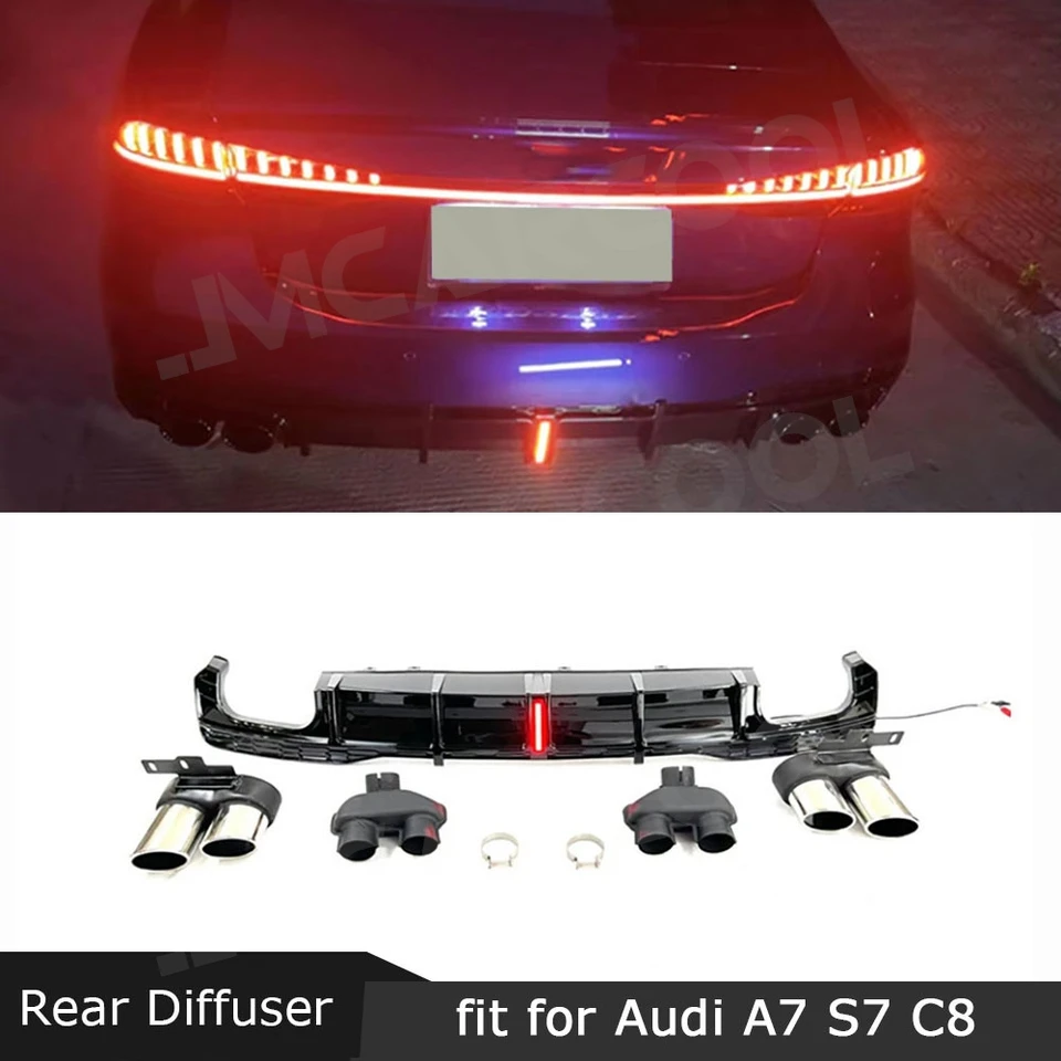 Difúzor zadného nárazníka s automobilom LED svetlo s spoilermi výfukových špičiek pre Audi A7 Sline S7 C8 2019-2023 ABS Gloss Black Accessories