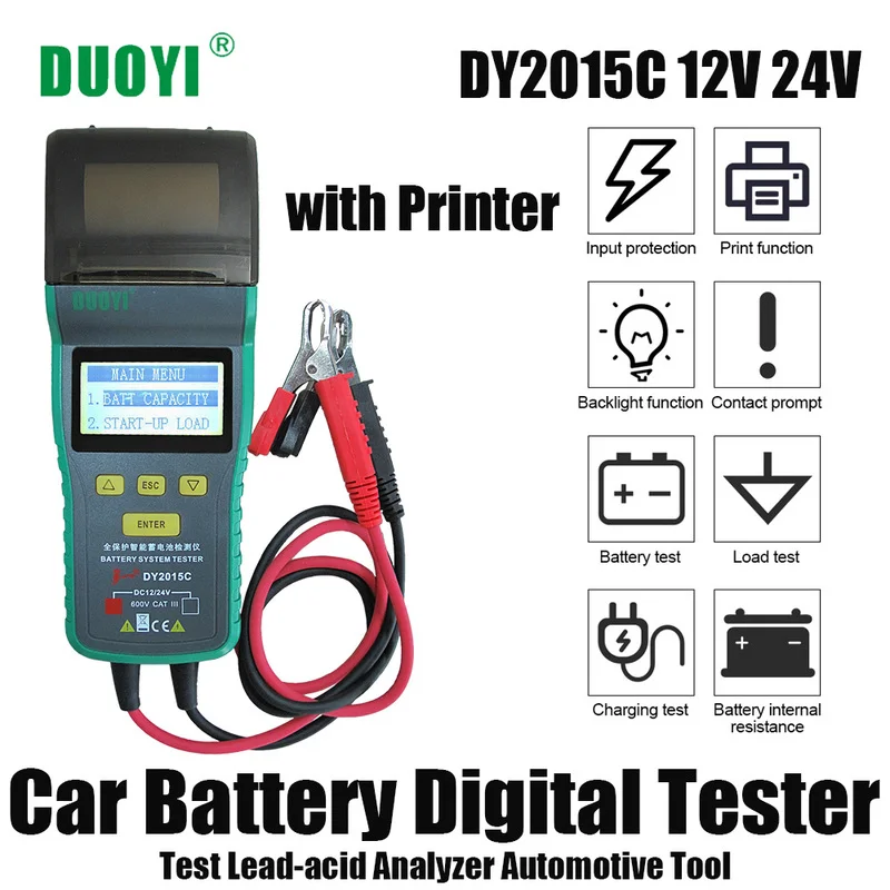 Digitálna batéria Duoyi Car Battery Digital Tester DY2015C 12V 24V Analyzátor olovo Automotive 100-1700cCA s integrovaným prenosným nástrojom tlačiarne