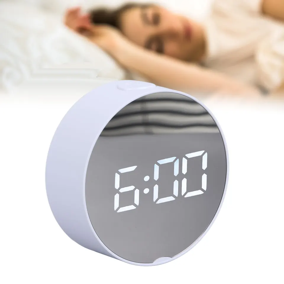 Digitálne zrkadlové hodiny Alarm biela veľká okrúhla obrazovka ľahko čitateľná prenosná LED hodiny pre kanceláriu spálne cestovné digitálne zrkadlové hodiny