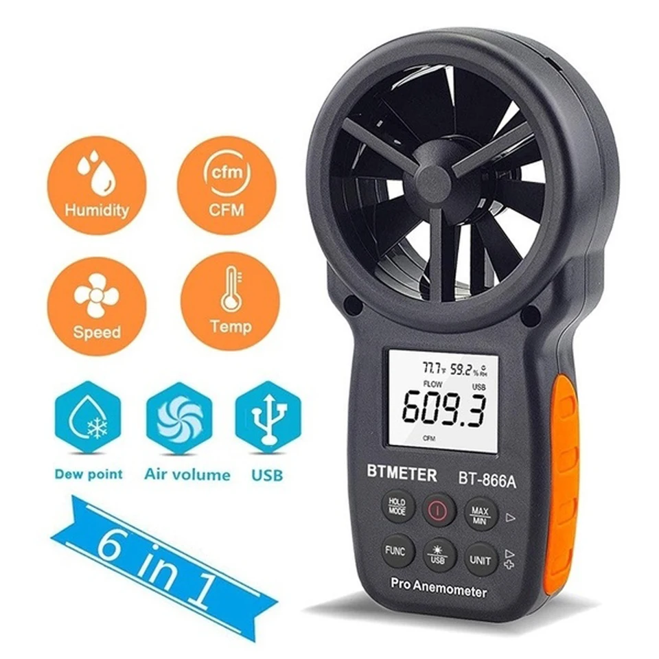 Digitálny anemometer BT-866A CFM Meter Prietok meracieho meracieho meracieho meracieho merača teploty/rýchlosť chladu vetra CFM s USB