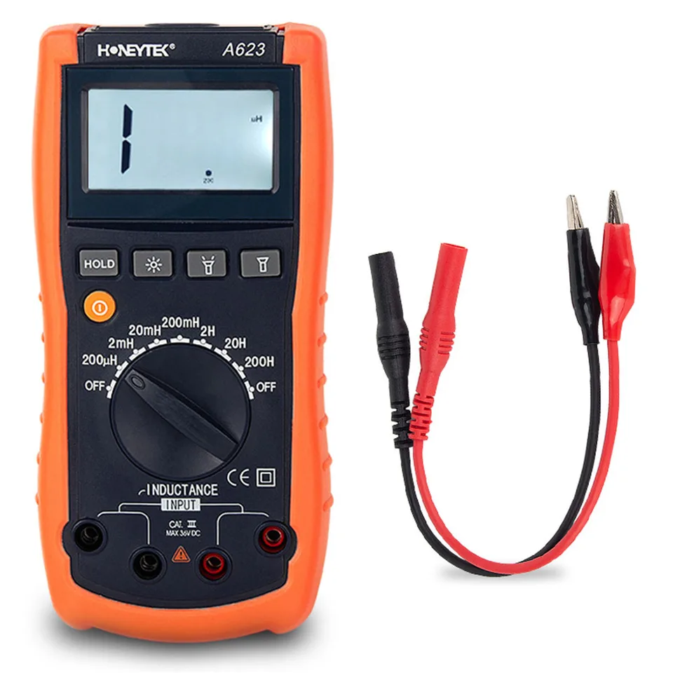 Digitálny profesionálny merač testera indukčného testera s testovacími vodičmi A623 Tester 200 μh (3,0%); 2MH/20MH/200 mH (1,5%); 2H (3,0%); 20H/200H (5,0%
