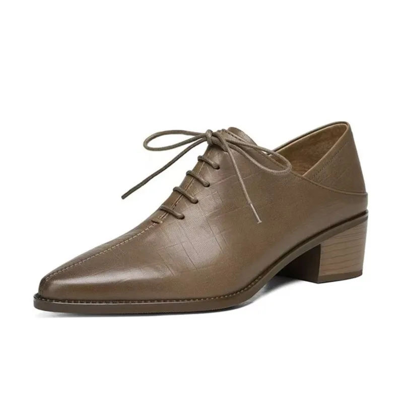Dilalula Hot Sale Originálne kožené čerpadlá Ženy Špicaté špičky špičky hustých podpätkov Lace Up Office Ladies Soft Girt Leather Shoes 2024