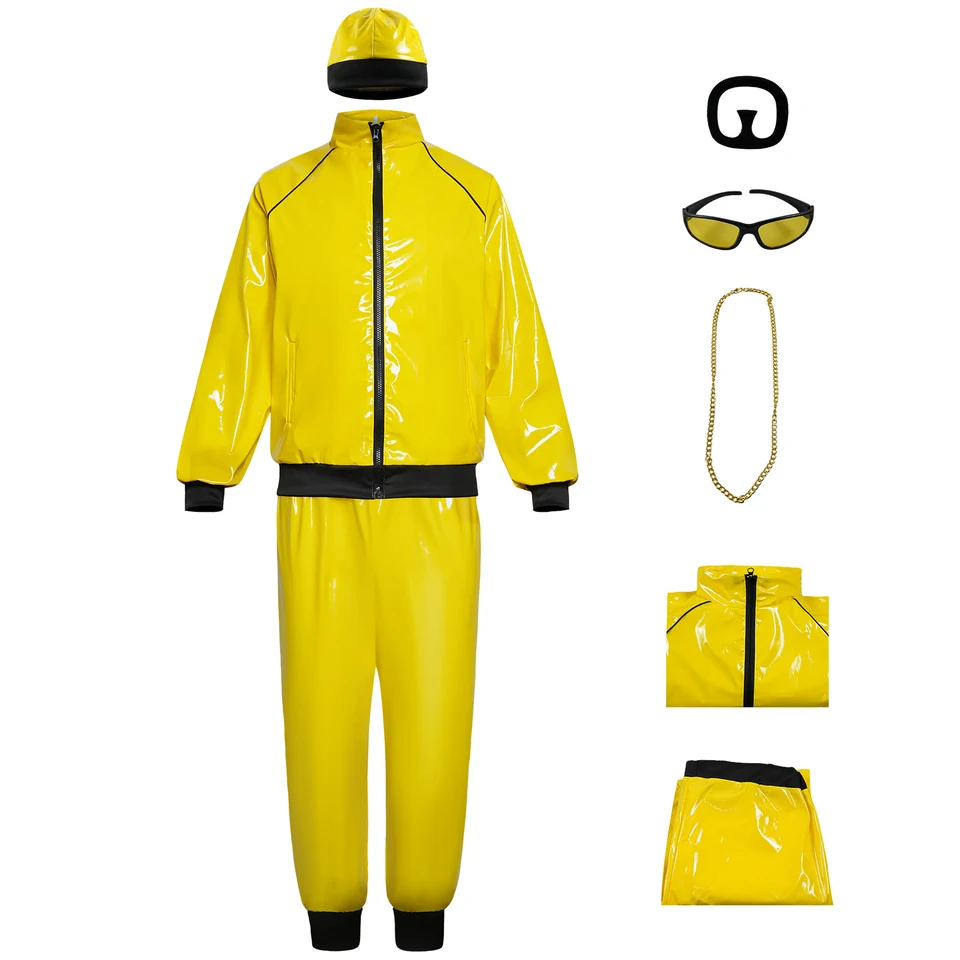 Disco hippie retro cosplay kostým hip hop hopu výkonnosť žltá bunda nohavice klobúk športové oblečenie Halloween Fantas Party Suit