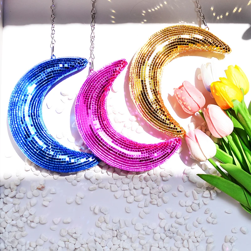 Disco lopta v tvare mesiaca Závesné ozdoby Glitter Glass Mirror Reflex Mesiac prívesok svadobná strana barová dekorácia