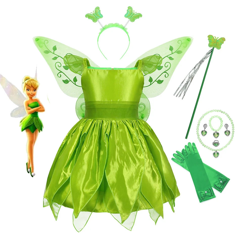 Disney 2023 Dievčatá Tinker Bell Costume Kids Deti Green Tinkerbell Fancy Dress Fairy Princess Cosplay vianočná karnevalová párty