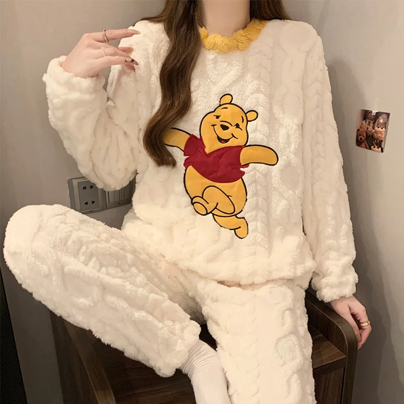Disney Autumn a Winter Winnie the Pooh roztomilé teplé pyžamy ženská karikatúra Zhustená plyšový okrúhly krk Dlhé rukávy Loungewear Set