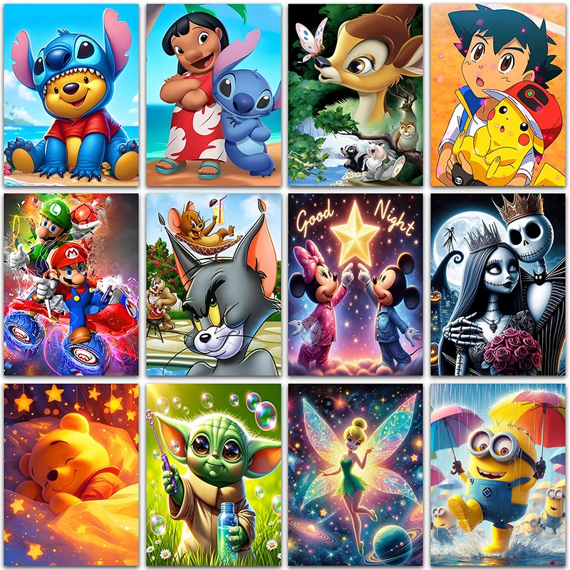 Disney Diamond Painting Kits Super Mario Pikachu Minions Hello Kitty Domov Decor Decor Full Square and Round Mosaic vyšívací krížový steh
